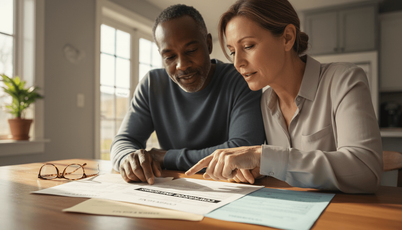 Couple reviewing insurance paperwork together at home