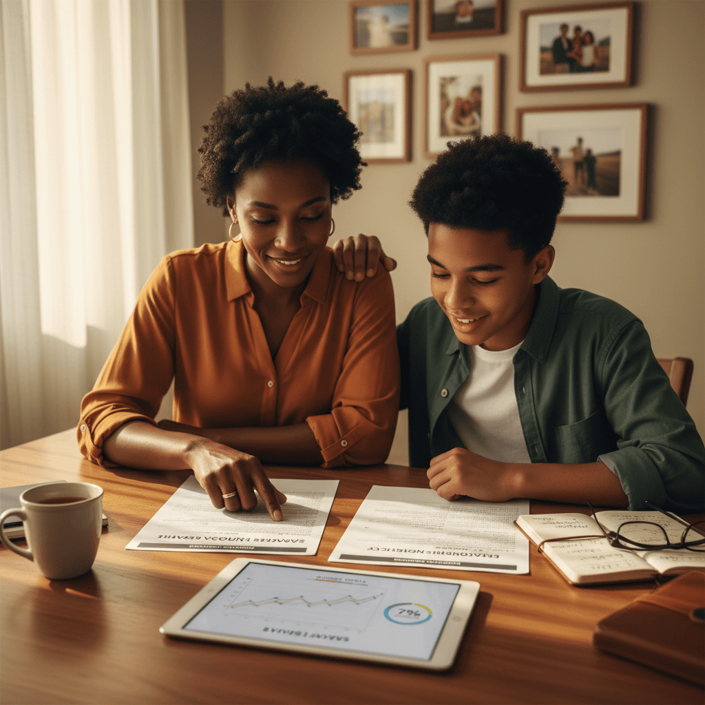 African parent and child reviewing savings and insurance documents together at home, warm afternoon natural lighting