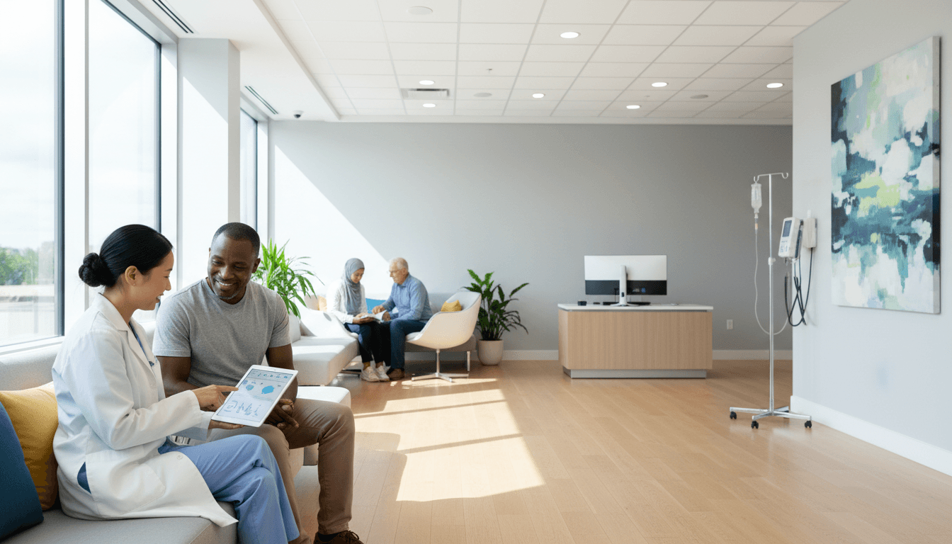 Healthcare provider consulting with patient using tablet in modern, inclusive clinic setting with diverse patients