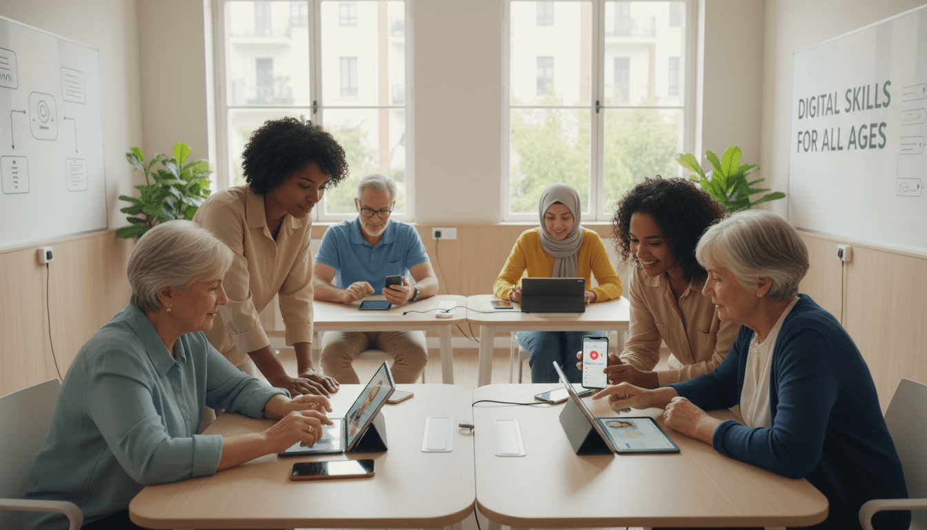 Senior citizens in bright classroom learning smartphones with attentive instructors demonstrating apps and digital skills at tables