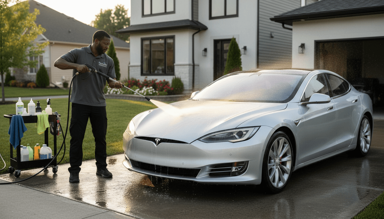 Detailing technician pressure washing luxury sedan's exterior in residential driveway with professional equipment during golden hour sunlight