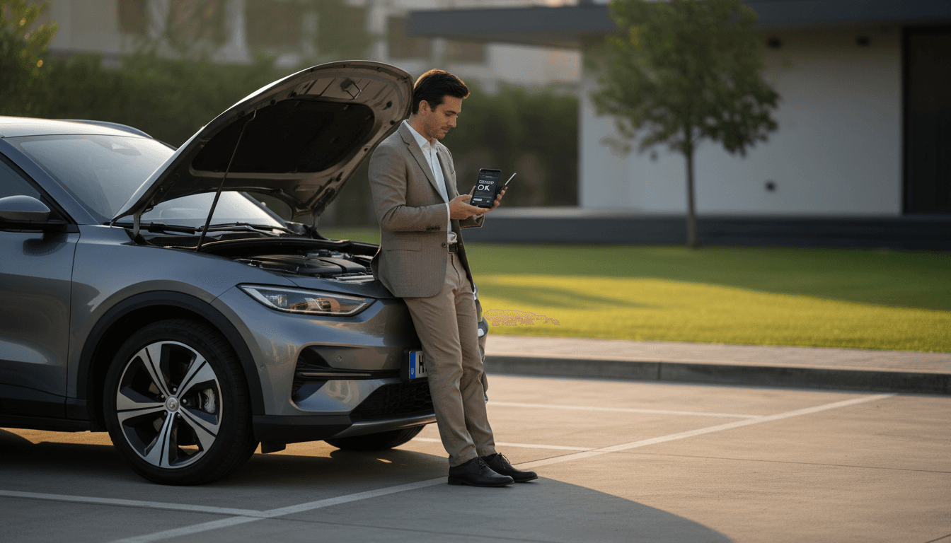 Vehicle owner reviewing diagnostic app on smartphone beside open car hood in sunlit driveway