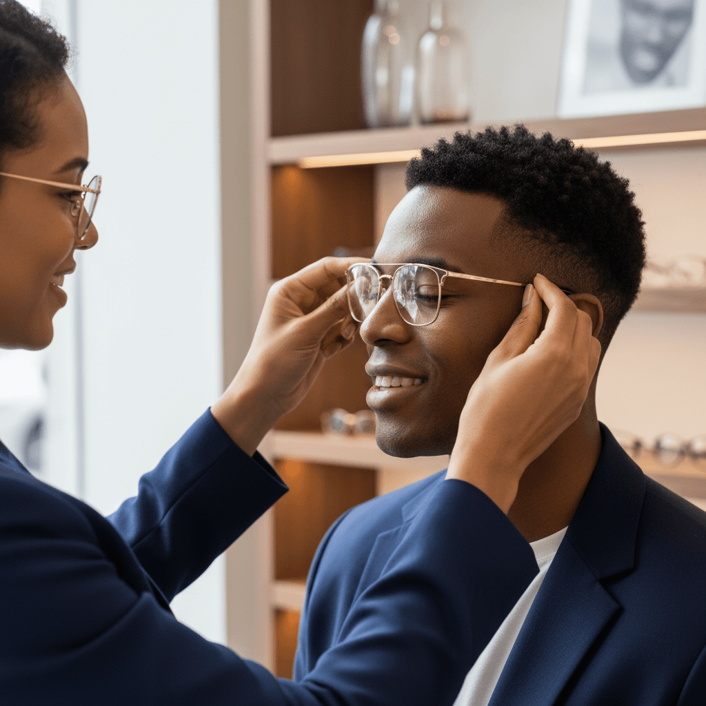 Optometrist carefully adjusting eyeglasses frames on customer's face with professional precision and care
