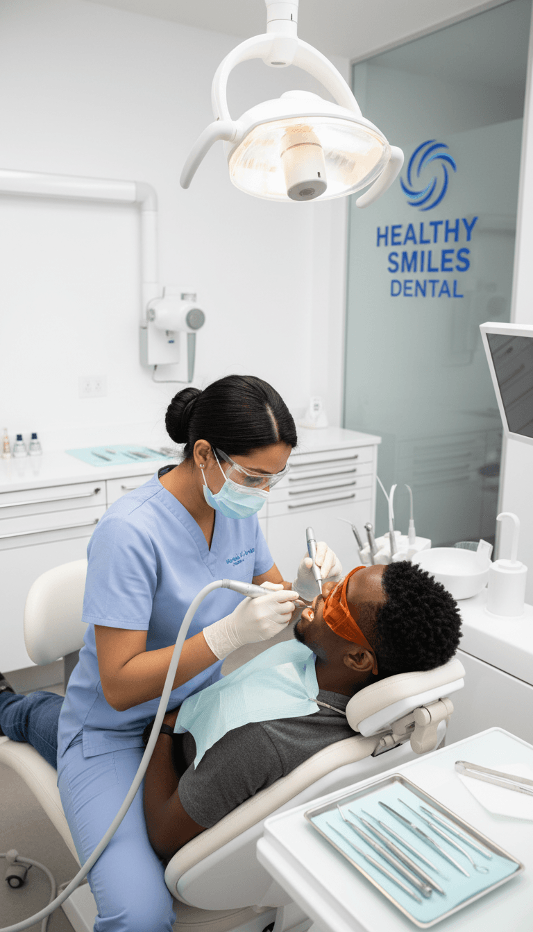 Dental hygienist performing professional teeth cleaning with ultrasonic instruments on patient in dental chair