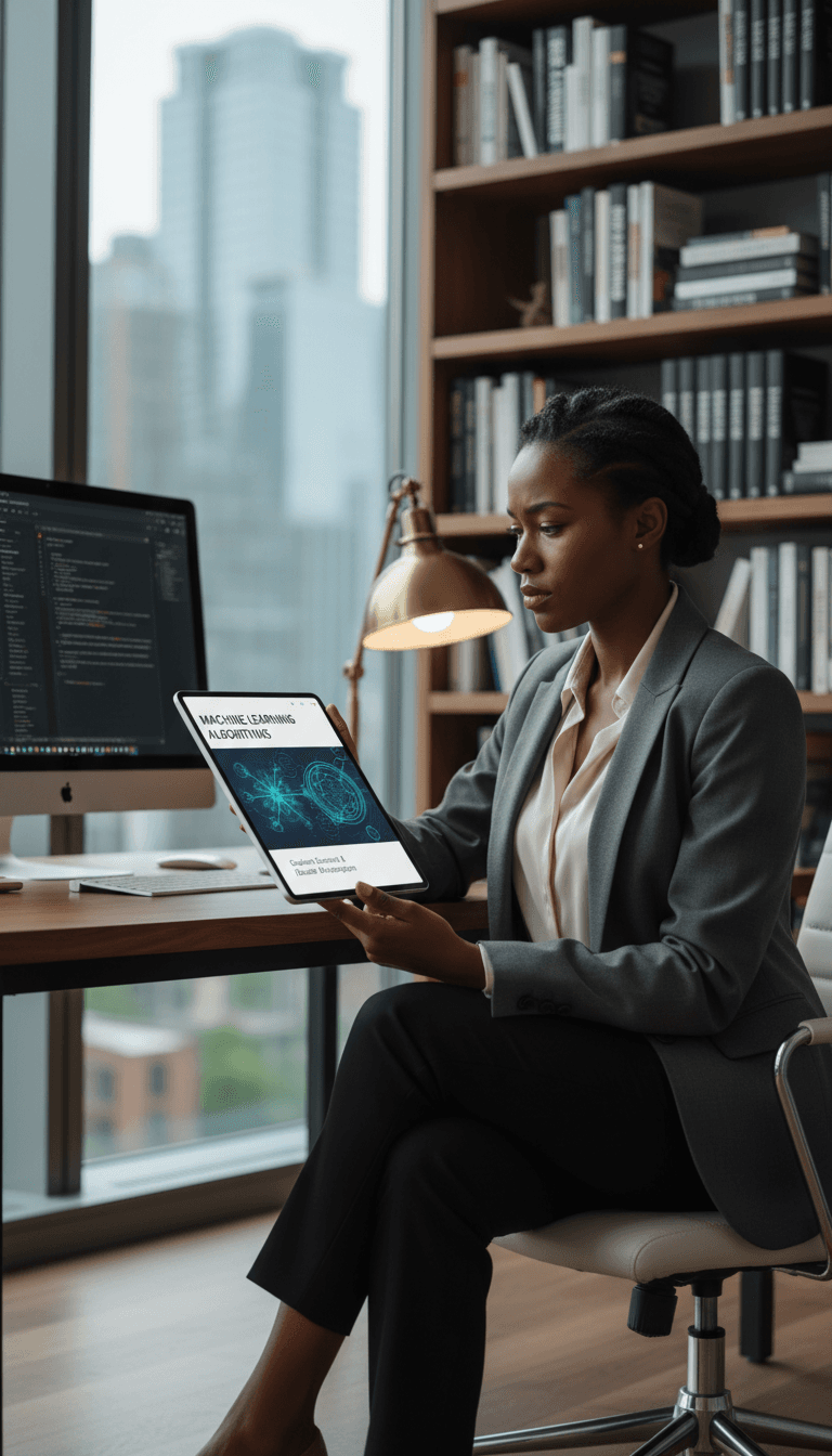 Professional woman reviewing machine learning educational content on tablet at home office desk