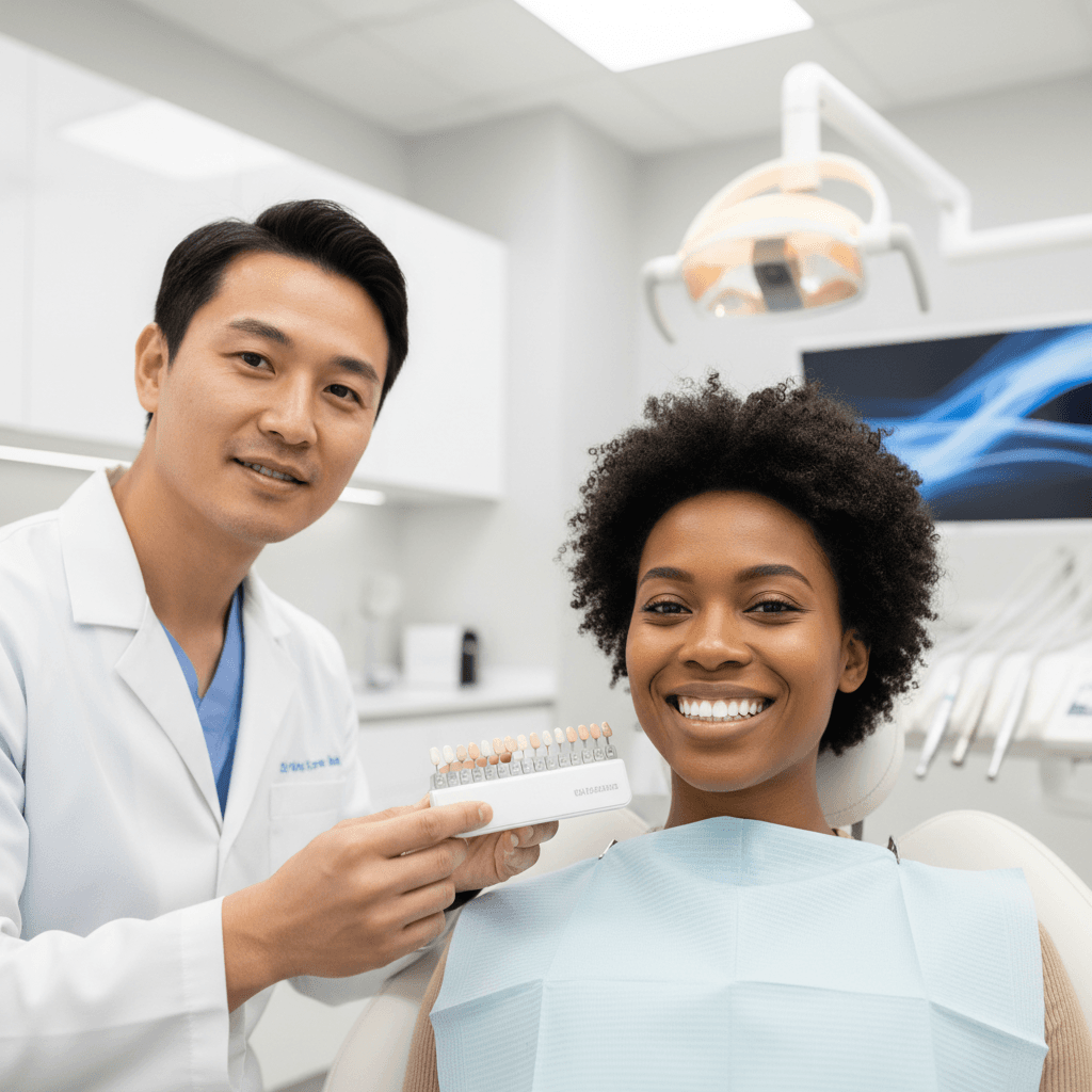 Patient smiling during dental consultation with dentist showing shade guide for cosmetic teeth whitening results