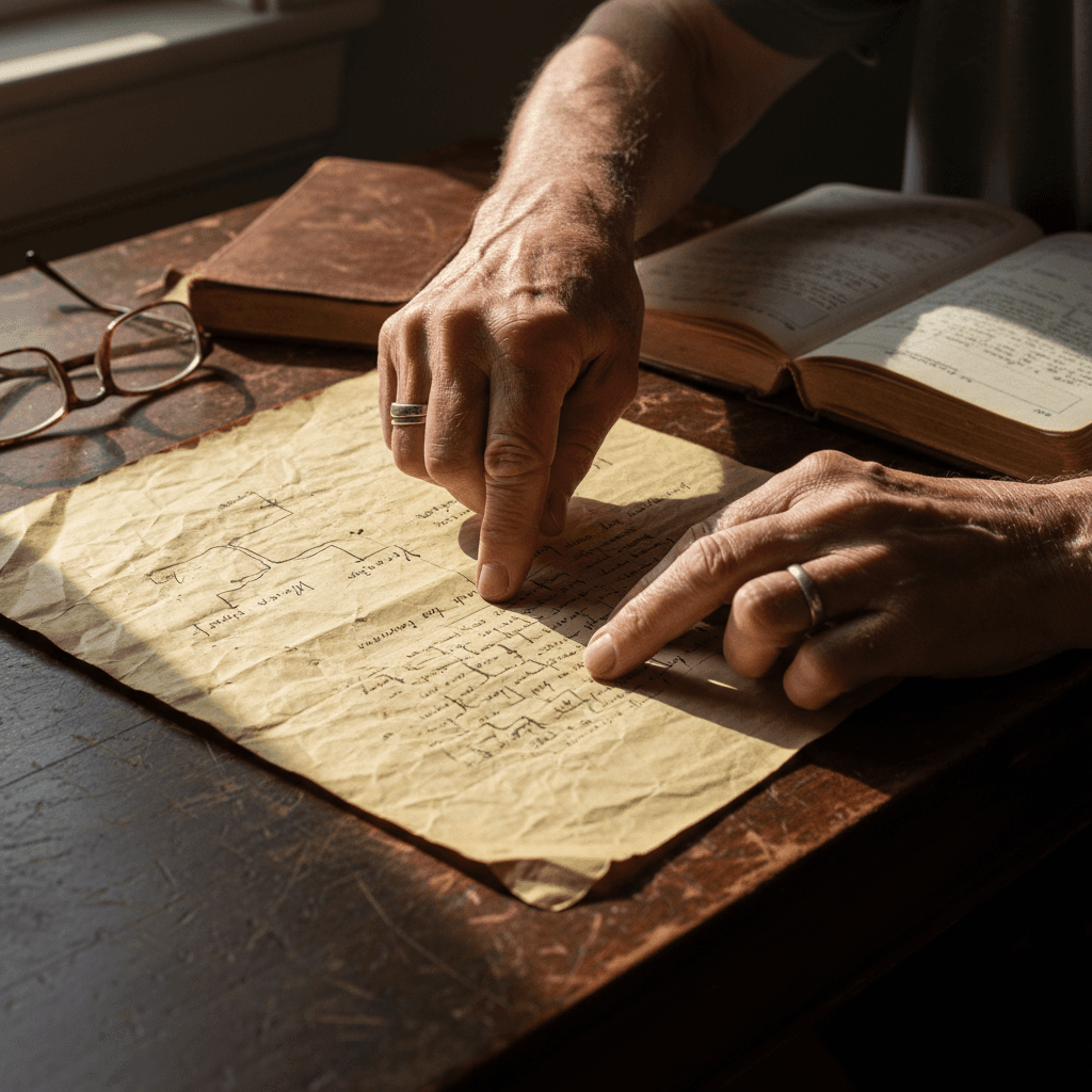 Elder's weathered hands examining historical family documents and genealogical records at wooden desk with natural light