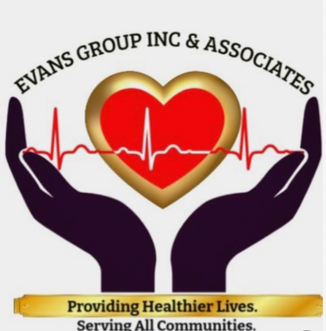 Evans Group Inc & Associates logo with a red heart, heartbeat line, and cupped hands.